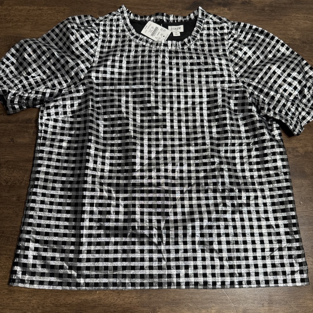 J.CREW Women's Gingham Puff Sleeve Blouse Black Silver Short Sleeve Size M NWT